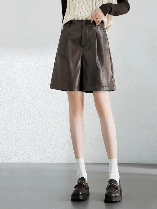 Vegan Leather Shorts    Women’s Casual straight high rise waist zipper button close simple elegant folds pleats PU-leather short pants for woman in coffee brown Winter womens petite-, tall-, plus-, size pleated Fashion Trousers  #144K56952