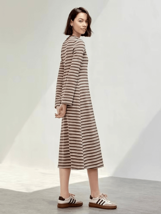Spliced Crewneck Dress    Women’s retro french look striped round crew neck collar long sleeves mid-length mid-calf dresses for woman in multi brown stripes Ladies SENTUBILA womens O-neck Fall Autumn Spring fashion petite-, tall-, plus-, size vacation getaway holiday party workwear office wfh style  #143L56535