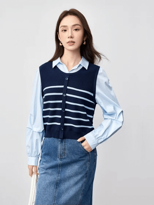Patchwork Cardigan-Shirt 2-in-1    Women’s spliced striped button-up folds pleated long shirt sleeves with dropped shoulders and banded button cuffs turn-down collar with round crew neck sleeveless cardigan for woman in dark-, light-, blue Chic Spring fashion womens O-neck shirts & blouses petite-, tall-, plus-, size cardigans crewneck office lady wfh workwear fake two-piece tops #W51C58818