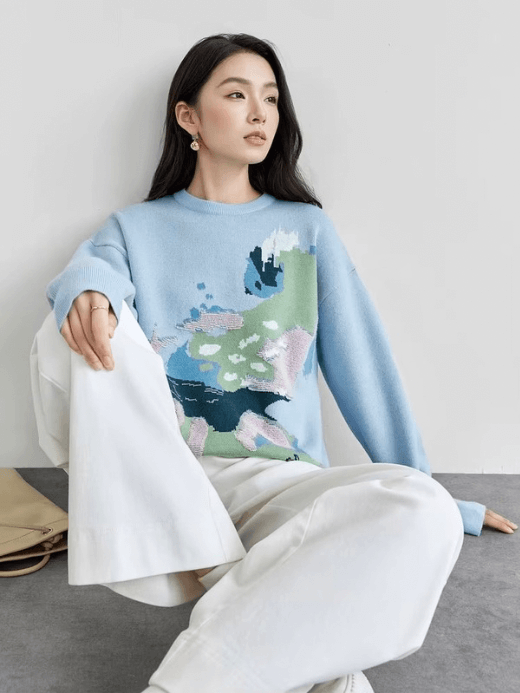 Jacquard Spliced Crewneck Sweater  Women’s winter thick warm round O-neck long sleeves knitted sweaters for woman in light blue office commute wfh womens workwear Pullovers Female petite-, tall-, plus-  size crew neck multicolor landscape art tops #W44E57694