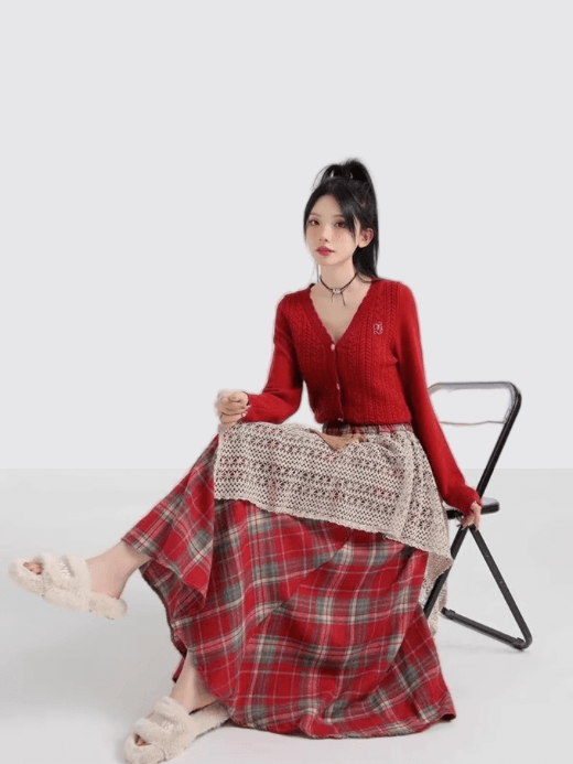 Plaid Layer Boho Skirt   Women’s bohemian Korean loose high rise elastic waist irregular patchwork pleated casual Streetwear retro long skirts for woman in checkered red with tan brown and cream beige layers  Bohemia Vintage style pleats lace hollow-out clothing Classic apparel petite-, tall-, size clothes