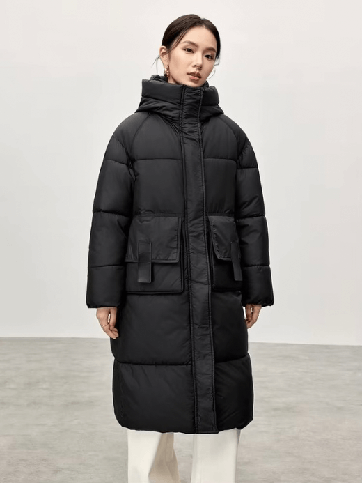 Big Puff Coat     Women’s Winter thick straight hooded geometric cotton quilted parkas solid oversized long sleeves button-up zipper snap button close flap latch seal patch pockets cotton coat for woman in black Casual mid-length outwear tall-, plus-, size puffer jackets Outerwear coats Female outwear #W44M57388