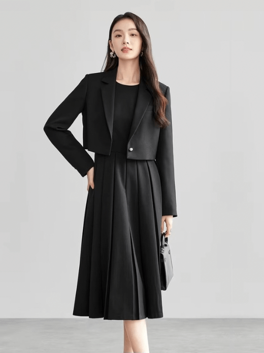 Crop Blazer   Women’s straight notched turn-down collar neck long sleeves with triple (3 three) button cuffs cropped single button blazers for woman Office Lady wfh workwear womens Spring outwear Fashion evening party petite-, tall-, plus-, size outerwear Jackets in black #151X57379