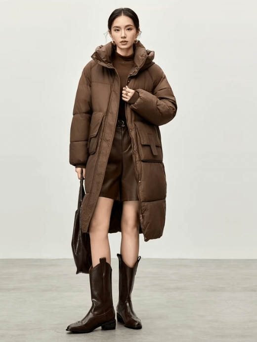 Big Puff Coat brown     Women’s Winter thick straight hooded geometric cotton quilted parkas solid oversized long sleeves button-up zipper snap button close flap latch seal patch pockets cotton coat for woman Casual mid-length outwear tall-, plus-, size puffer jackets Outerwear coats Female outwear #W44M57388