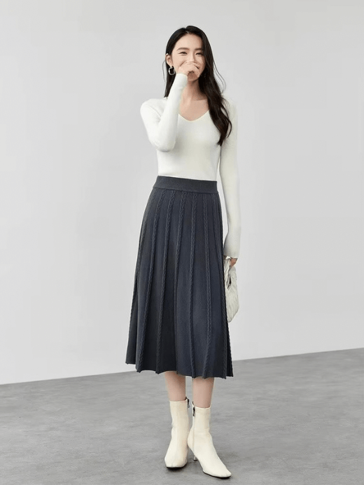 Classic Midi Skirt      Women’s vintage viscose blend knitted elegant pleated mid rise elastic waist solid simple A-line mid-calf midi-skirts for woman in Gray Fall Autumn Winter Spring womens fashion office lady wfh workwear style grey pleats  #W44Q57643