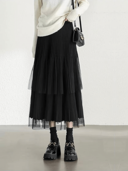 Cake Skirt      Women’s Elegant patchwork mesh gauze pleated detail A-line high rise waist natural waistline knitted regular fit for woman in black Fall Autumn Spring womens pleats folds mid-calf Skirts #W44Q57447