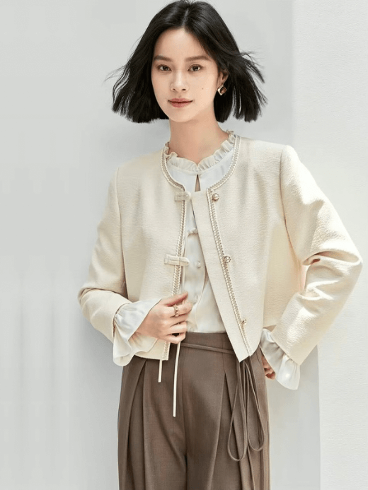 La Pureté Texture Jacket      Women’s short straight long sleeves O-neck woven single breasted tape button-up close banded wide-waisted Jackets for woman in solid Apricot beige cream Korean Style outwear spring autumn womens cropped office lady wfh workwear commute party Outerwear coats #143W55664