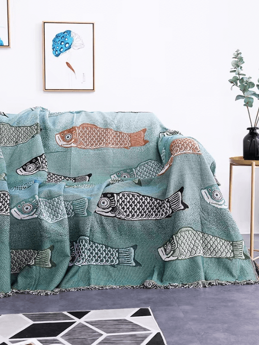 Koi Fish Throw Blanket      Modern simple elegant animals pattern reversible sofa chair beach picnic towels Home decor comfy soft rug-carpet dust-proof Blankets Japanese Ins style in teal blue