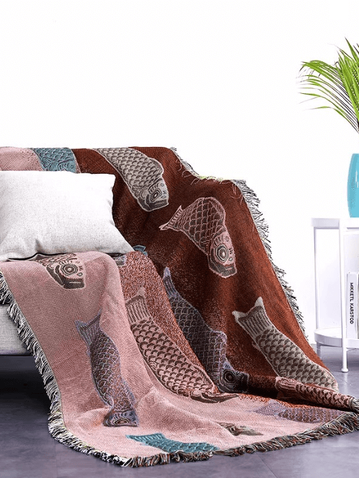 Koi Fish Throw Blanket brown      Modern simple elegant animals pattern reversible sofa chair beach picnic towels Home decor comfy soft rug-carpet dust-proof Blankets Japanese Ins style with alternate teal blue