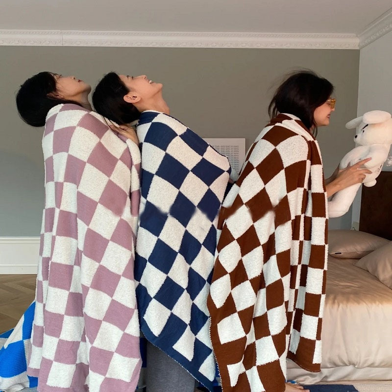 Cloak Throw Blanket    Nordic soft waxy checkerboard knitted single sofa cover thin section air-conditioning small checkered blankets, Norway Scandinavia Scandinavian Norwegian style fashion in Black Blue Green Khaki Pink