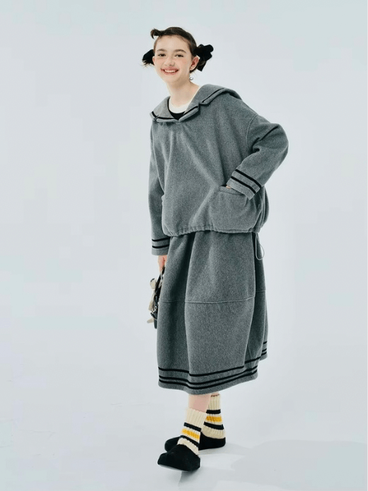 Lantern Skirt    Women’s original gray stripes casual natural waistline slant side pockets patchwork mid-calf skirts for woman in grey Fall Autumn Winter Spring womens Japanese fashion striped bell ankle style #244433