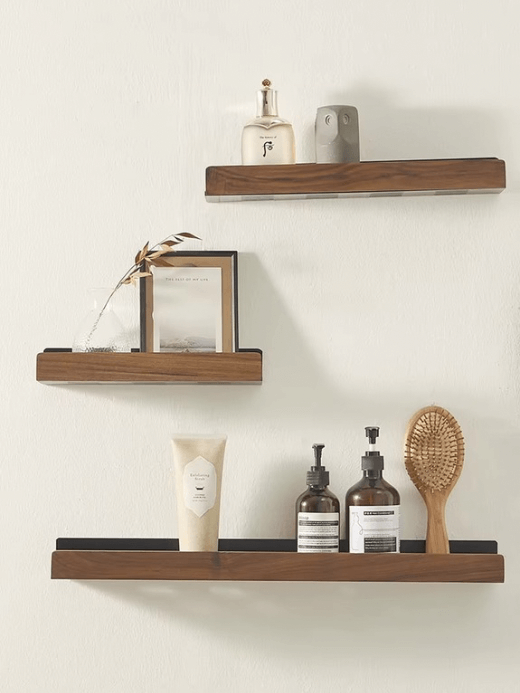 Walnut Shelving   Wall mounted toilet cosmetics storage organizer rack Shower Bath organizers Bathroom hardware racks in brown with black drain base shelfs