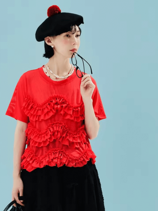 Mesh Lace T-Shirt    Women’s cool stretch mesh lace ruffles 3D round crewneck short sleeves T-shirts for woman in red womens Worlds summer original crew neck ruffled fashion style World’s Collide O-neck Tops #244586