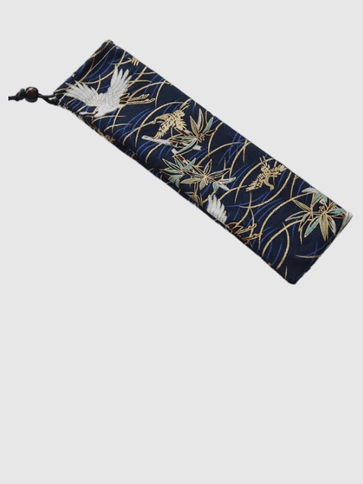 Japanese Drawstring Pouch     Cutlery bag Reusable travel outdoors camping Kitchen flatware tableware Fork Spoon Bamboo Chopsticks Cleaning Brushes storage organizer accessory Japan animal outdoor pond Crane birds animals water lilies lilly print style accessories in blue