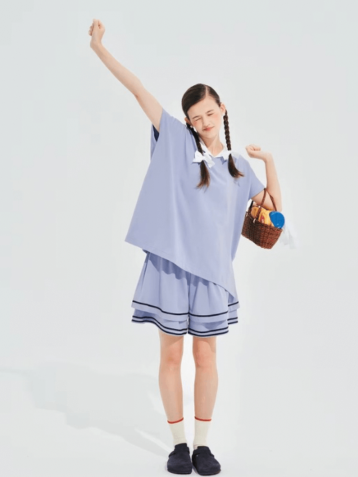 Double-Layer Art Shorts in Cotton  Women’s pure 100% cotton knitted layered striped mid rise elasticated waist tiered straight fit Japanese shorts for woman in lilac light purple Worlds spring summer womens style fashion short pants #244648 World’s Collide