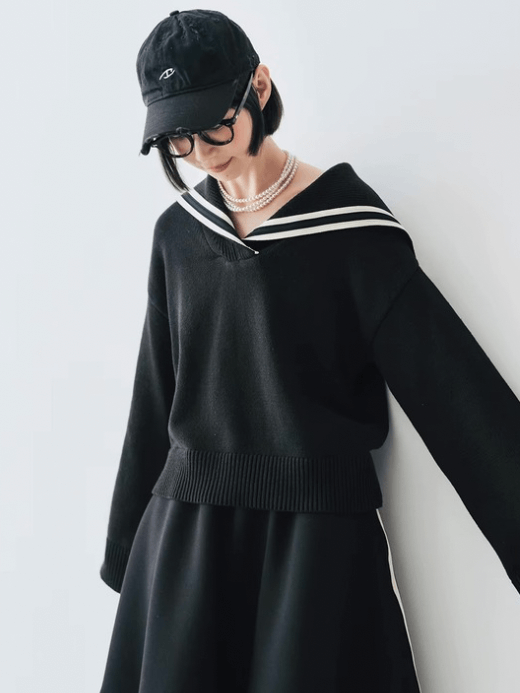 Japanese Sweater    Women’s classic college style navy sailor collar with rib V-neck rounded neckline long sleeves with dropped shoulders and wide ribbed cuffs sailor pullover rib hem sweaters for woman in black with white stripes Worlds Fall autumn spring original tops womens World’s Collide #244793