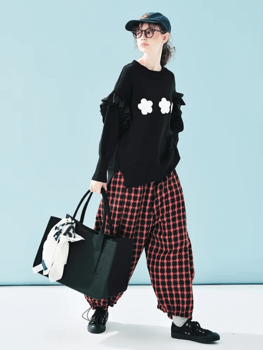 Japanese Checkered Pants   Women’s coarse spinning artistic casual plaid mid rise loose fit shirring blended irregular bent leg ankle length cargo trousers for woman in red Worlds womens original fall autumn winter and spring pant World’s Collide #244883