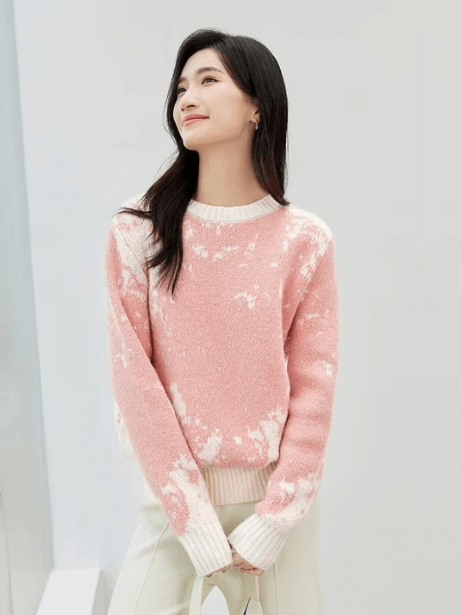 Jacquard Knit Sweater   Women’s loose fit casual long sleeves dropped shoulder with rib cuff round crew neck rib hem short Sweaters in pink with cream accent ribbed O-neck patterned Outerwear Fall Autumn Winter Spring womens Pullovers crewneck Tops Quiet Soft  #W44E57257