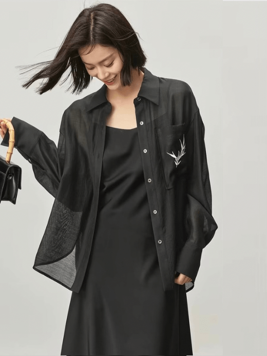 Breeze Shirt Women’s Casual lyocell white Bamboo Leaf embroidered print patch pocket loose fit solid long sleeves turn-down collar bottoming hem fine-button shirts for woman in black Quiet Soft Womens Fall autumn spring office wfh workwear petite-, tall-, plus-, size sheer semi-transparent clothing #143C56290