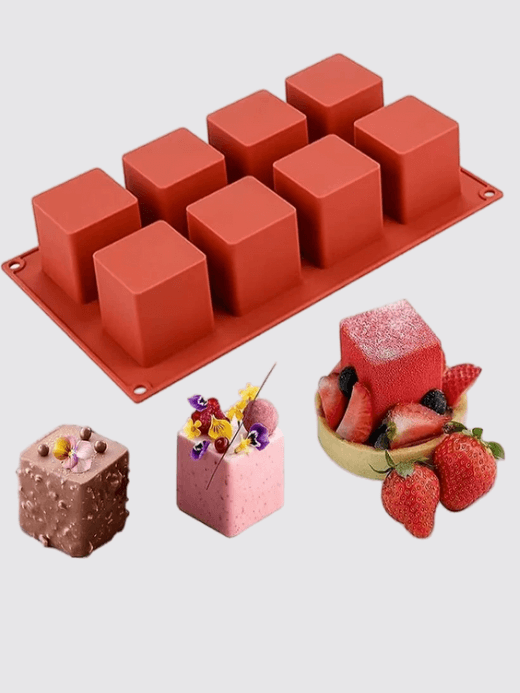 3D Silicone Mold 8-Cube   Kitchen bakeware small square shape 8 holes non-stick refrigerator freezer molds  Accessories for freezing DIY Pastry Jelly Cupcakes Mousse Ice Cream Chocolate Utensils accessory in red