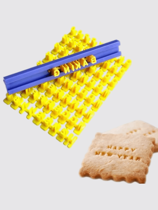 Biscuit Baking Printing Alphabet Mold      Kitchen cookies cutter Alphabet Word Press Stamp  Bake molds Cakes curling embossing biscuits cookie DIY bakeware tools in yellow lettering with blue rack