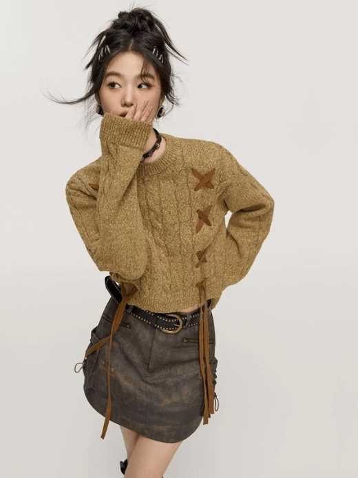 Cropped Retro Sweater    Women’s lace up rib cable stitch cotton-blend knitted round crewneck Jumpers tops Long sleeves with rib cuffs American vintage O-neck pullovers ribbed hem crew neck sweaters for woman in khaki coffee brown Quiet Soft womens Fall autumn winter spring streetwear design