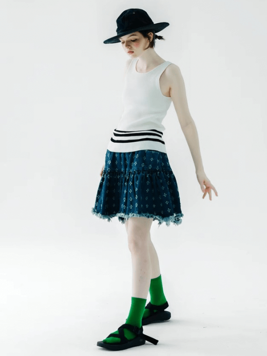 Boho Mini Skirt  Women’s pure cotton hollowed out frayed floral petals casual A-line denim pleated folds elastic waist natural waistline mini skirts for woman in aqua-marine dark blue with tassels hem Womens Japanese preppy pleats bohemian original style streetwear petite-, tall-, plus- size bohemia fashion #234126