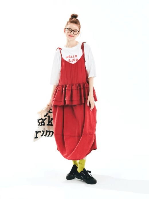 Lantern Skirt red  Women’s Japanese original Art wine-red A-line natural elasticated waistline pleated folds mid-calf length skirts for woman in red Spring Summer Fall Autumn womens streetwear style pleats fashion #244698