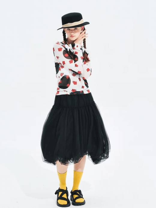 Mesh Lantern Skirt     Women’s asymmetrical elasticated waist natural waistline irregular lantern half knee length pleated folds skirts for woman in black Spring Summer womens streetwear fashion pleats style #244646