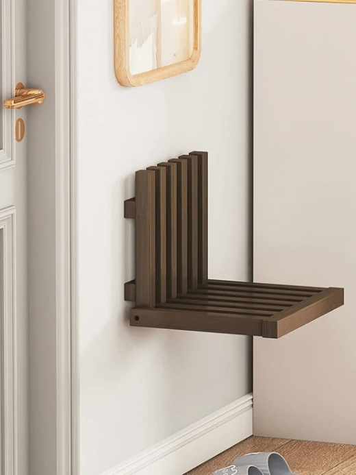 Wall Hanging Folding Stool      Elegant simple wooden household foyer entryway hallway shoes footwear stools foldable slated racks Home Portable entranceway bathroom folding shower slats chairs in dark walnut color, brown bamboo wood color
