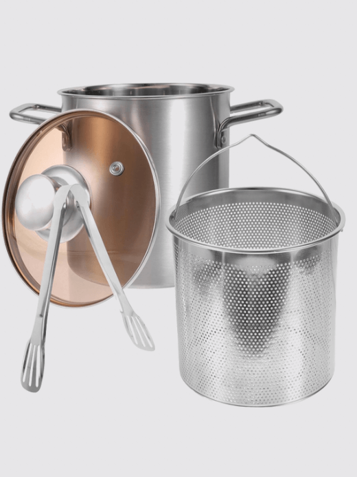 Deep Fryer Pot Set 3L     Stainless steel frying pot with mesh steamer basket Japanese Tempura fryer Pots with lid and tong cookware for Kitchen BBQ Barbecue cooking in silver color #JT230