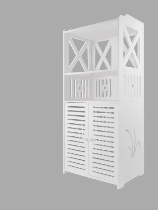 4 Tier Floor Cabinet   Bathroom, Waterproof Free Standing Storage Unit + Cupboard Double Door, PVC for Store Toilet Paper, Shampoo sundries toiletries tiered organizers in white with trellis four tiers cabinets Home furniture cupboards