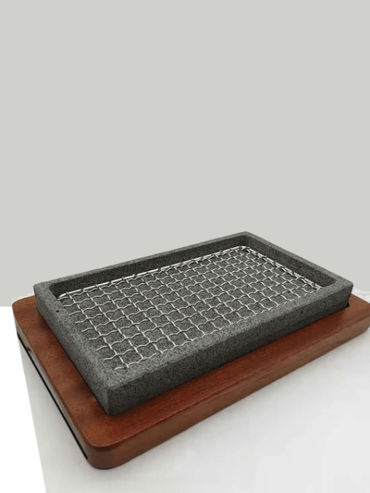 Granite Grill Slab  Dining barbecue steak serveware Western food Fried meat plate Creative volcanic stone grilled beef steaks plates fire flame cooking cookware slabs in gray grey with wooden serving base