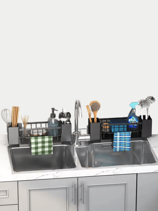 Kitchen Sink Drain Rack Organizer     ABS Plastic self-draining shelf soap sponge holders dish-clothes towels racks filter baskets in Black Gray grey