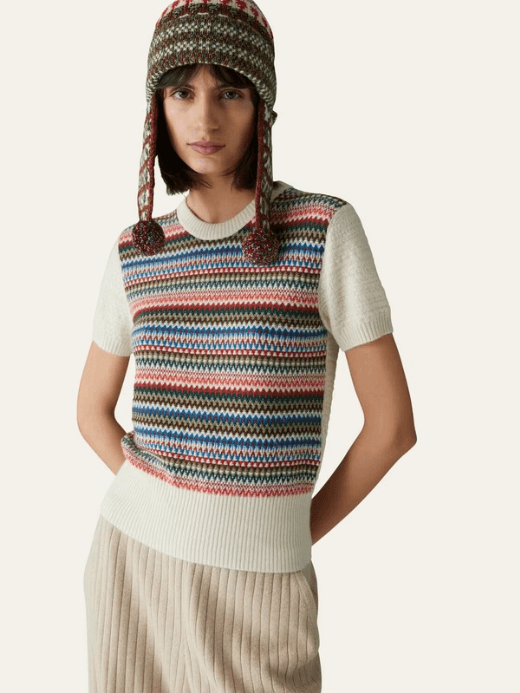 Crocquet Cashmere Jacquard Vest   Women's luxurious round neck Pullover Short sleeves knitted sweaters for woman in multi striped white-cream crewneck vests Womens Fall Autumn Winter Spring fashion the miteigi Ultra LUX collection #nigo61179