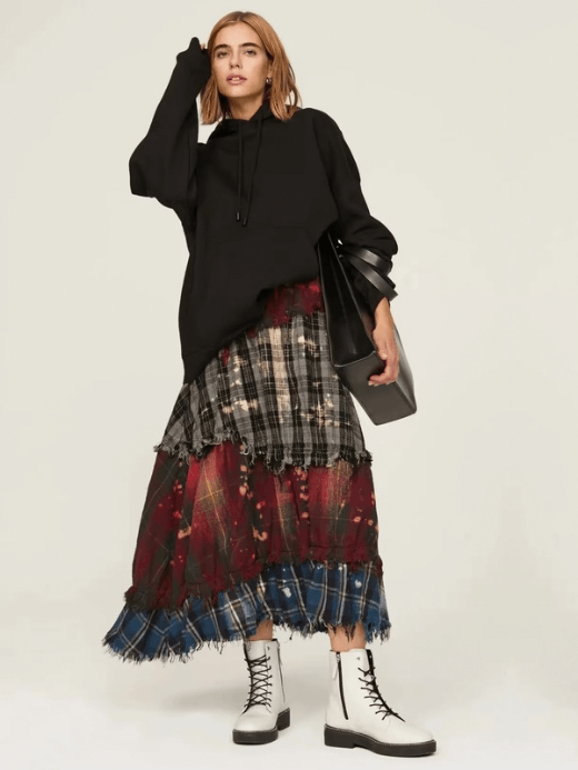 Gypsie-Rose Plaid Tartan Punk Skirt  Women's Luxury splicing tricolor irregular frayed distressed layered cotton vintage style casual boho half skirts for bohemian woman in multi checkered patchwork Fall Autumn Spring bohemia scottish fashion the miteigi Ultra LUX collection Scotland petite-, tall-, plus size #nigo61283