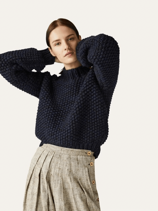 Hampton Mockneck Bubble Sweater   Women's Luxurious solid color ribbed high neck cashmere knit pullover Casual long sleeves with dropped shoulders and rib cuffs sweaters and ribbed hem for woman in blue with pink accent buttons Womens the Ultra LUX collection Fall Autumn Winter Spring fashion  #nigo61116