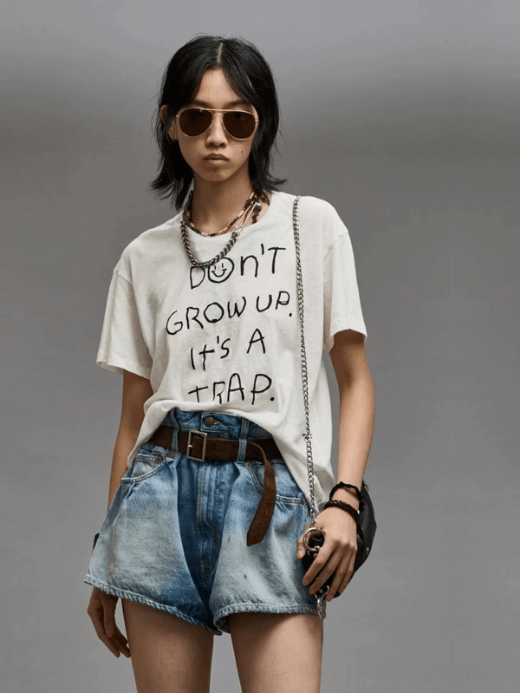 Glastonbury Statement Crewneck T-Shirt  Genflex Men’s Women's BF Luxurious LP cotton “Don’t Grow Up It’s A Trap” Letter printed round o-neck short sleeves casual unisex T-Shirts for man woman in White with black accent Mens Womens crew neck Spring Summer gender neutral boyfriend fashion the miteigi Ultra LUX collection #nigo61447