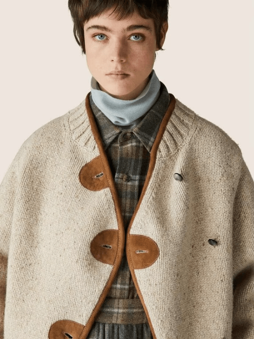 Ascot Cashmere Cardigan Jacket  Women's LP Luxurious retro rib band collar cashmere knitted single-breasted button-up slant side pockets cardigans for woman in light tan brown with darker accents long sleeves outerwear Jackets Womens Fall Winter Spring outwear fashion the miteigi Ultra LUX collection #nigo61134