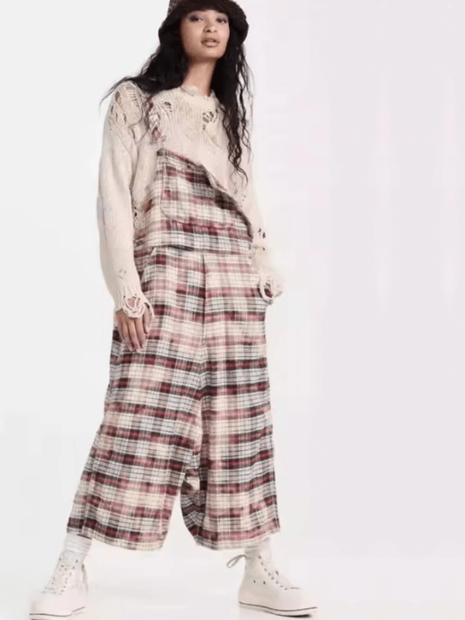 Brixton Plaid Tartan Dungarees  Women's LP  Luxurious retro distressed baggy checked one-piece backless adjustable straps pockets Jumpsuit scottish trousers for woman in red multi color cotton mid rise waist casual rompers Pants Womens Spring Fall Autumn fashion the Ultra LUX collection Scotland #nigo61393