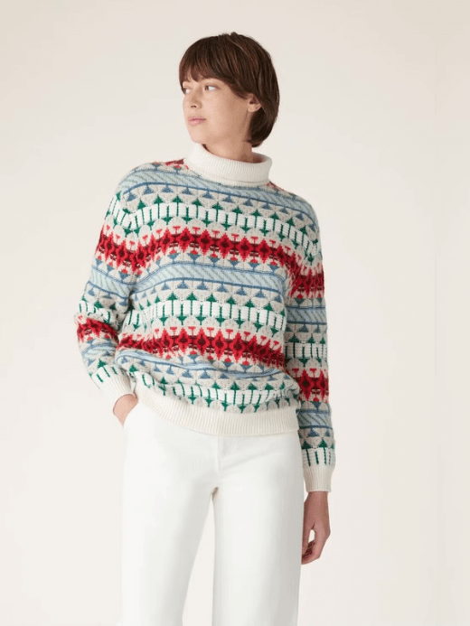 Cocoa Jacquard Mockneck Sweater Women's LP Luxurious high neck pullover cashmere long sleeves knit turtleneck sweaters for woman in white with multi seasonal holiday christmas style geo pattern Womens Fall Autumn Winter Spring fashion the miteigi Ultra LUX collection #nigo61172