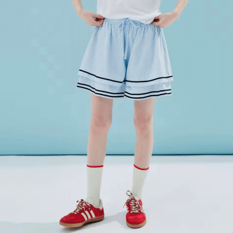 Sailor Shorts blue   Women’s original pure cotton printed striped double-layer drawcord Lace-up short pants for woman in light sky-blue Spring summer womens drawstring fashion  #244604