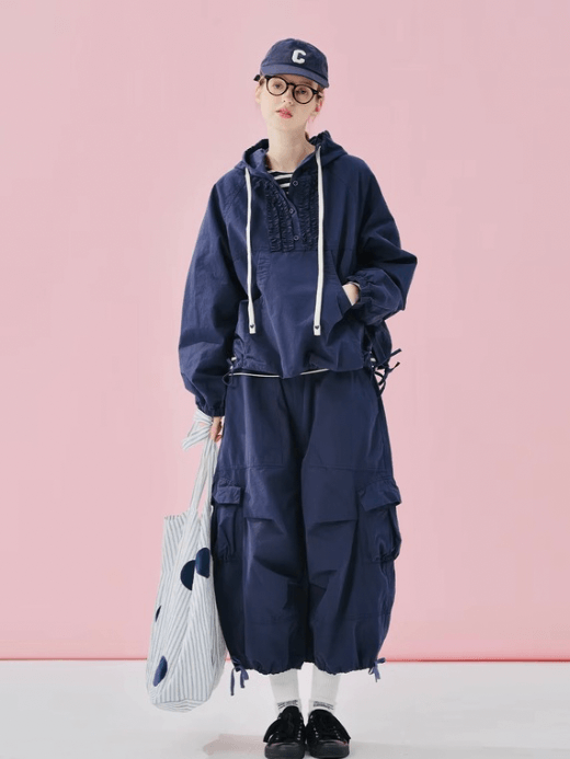 Japanese Hooded Jacket  Women's pure cotton high-density twill long sleeves with elasticated cuffs kanga pouch pocket pullover headband drawcord hoodie with drawstring tie hem ruffles outwear for woman in navy blue  Womens wfh office workwear spring ruffled outwerwear fashion style #244976