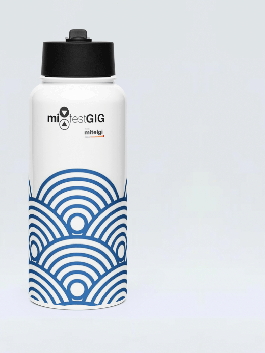 Stainless Steel Water Bottle miteigi fest gig   Traditional Japanese Wave Pattern stainless steel miteigi festival gig gear by miteigi gear flasks bottles in white with blue waves and miteigi logo with Straw Lid