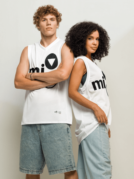 mi Premium Basketball Jersey     Genflex unisex Men’s Women’s activewear boatneck sleeveless breathable sports tank top for man woman in white with black blue gray accent Womens Mens festival gig gear Gender neutral