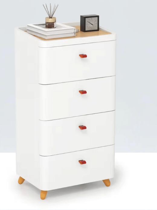 4-Drawer Dresser, Vertical storage tower with removable bamboo wood organizer tray & solid wooden legs in white with multi