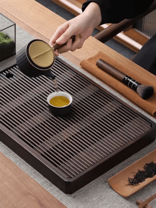 Kung Fu Tea Set   Natural Bamboo Japanese Chinese tea tray Simple detachable slated slots drainage board with water outlet valve accessory Rectangular storage trays Tea ceremony rooms sets accessories in natural dark brown