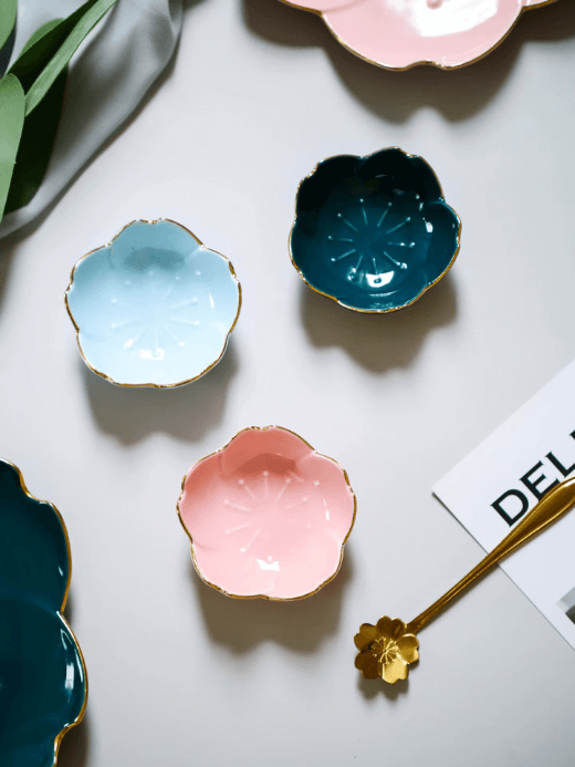 Sakura Ceramic Taste Dish  1Pc Sakura Flower Shape Porcelain Nut Saucer Small Plate Mini Soy Sauce Seasoning Tableware Kitchen appetizer serveware floral design shaped dishes Plates supplies 1-Piece in pink, light cyan blue, white, emerald green