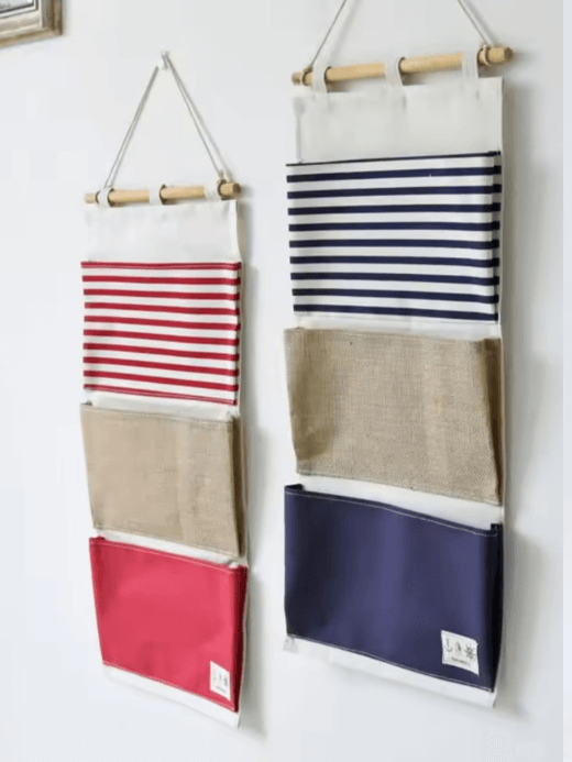 Multi-Function Wall Hanging Storage Bag  Cotton fabric pouch striped splicing closet door sundries organizers Home 3 Large Pockets Sundry Wall Bags pouches in white with blue red stripes, wooden hang bar and hang strap
