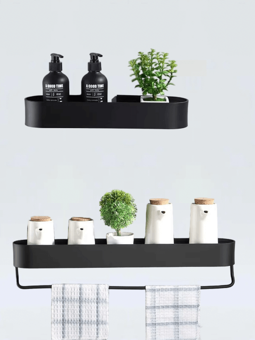 Shelf Basket 30/40/50cm  Black aluminum metal Bathroom Shower baskets Kitchen sundries accessory racks with towel bar Cosmetics wall shelves home storage accessories